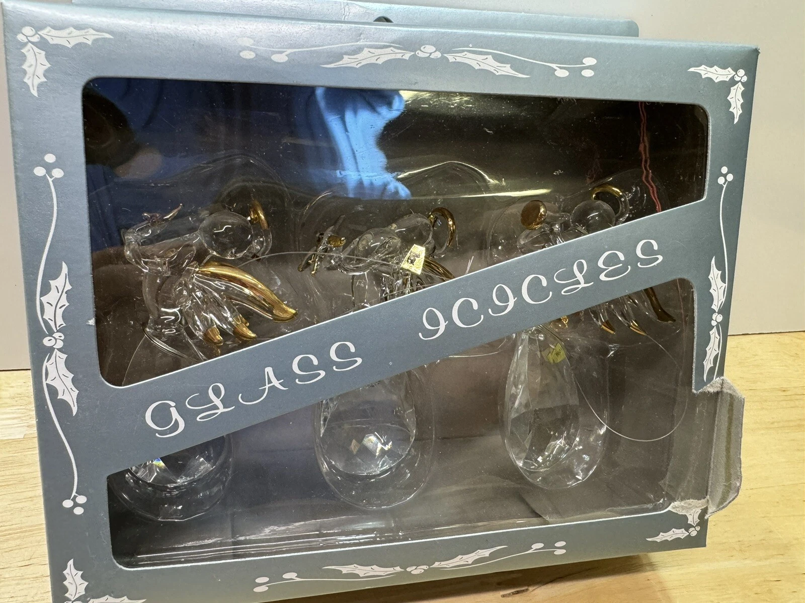 3 Solid Glass 3" Miniature Christmas Angels Figurines Gold Trim Play Instruments