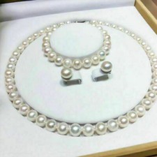 HOT AAA 9-10MM AKOYA WHITE PEARL NECKLACE BRACELET EARRING SET 14K GOLD