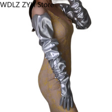 Long Gloves Faux Leather PU 35" 90cm Silver Sleeves Unisex Leather Gloves