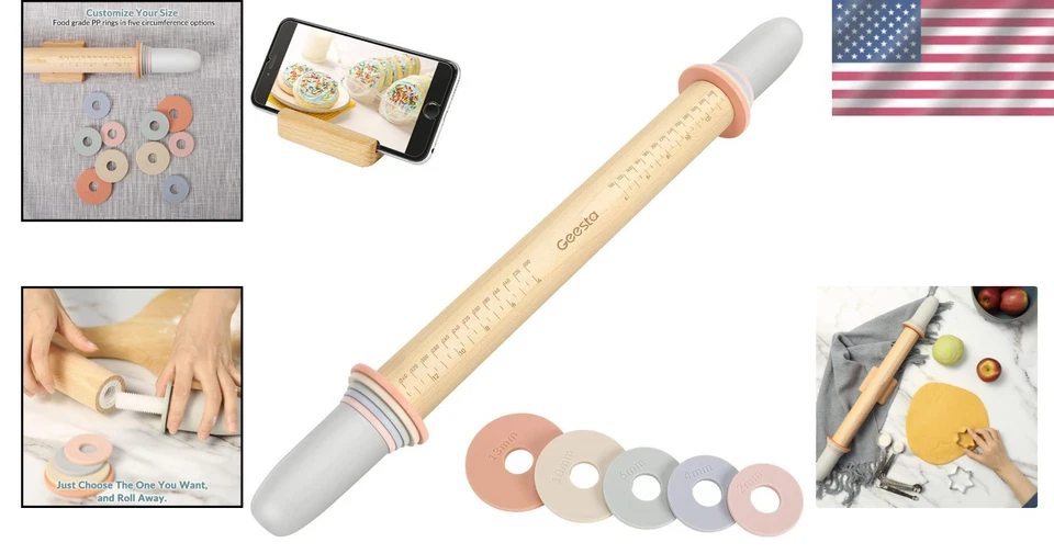 Teak Wood Adjustable Rolling Pin with Measurement Guide - Image 2 of 4