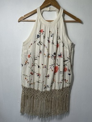 Anthropologie Women s Boho Halter Top Ivory Embroidered Birds Gatsby Fringe SZ 6