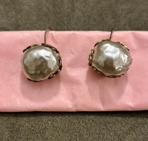Miriam Haskell Iconic Baroque Pearl Clip Earrings Antique Gold Tone