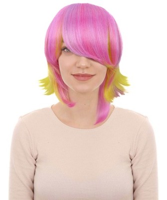 Damenperücke Pastell Rosa und Gelb Farbverlauf Kurz Lagenlook Bob Cut Flipped Ends