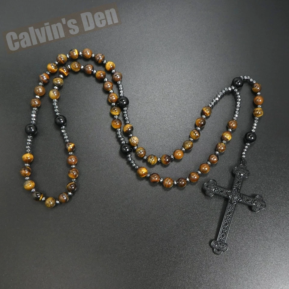 Tiger Eye Black Onyx Beads Gothic Punk Rock Cross Rosary Necklace Heavy Men Gift - Image 2 of 4