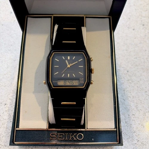 Vintage Seiko H461-5030 Ana-Digi Alarm Chronograph Black Gold Working Box