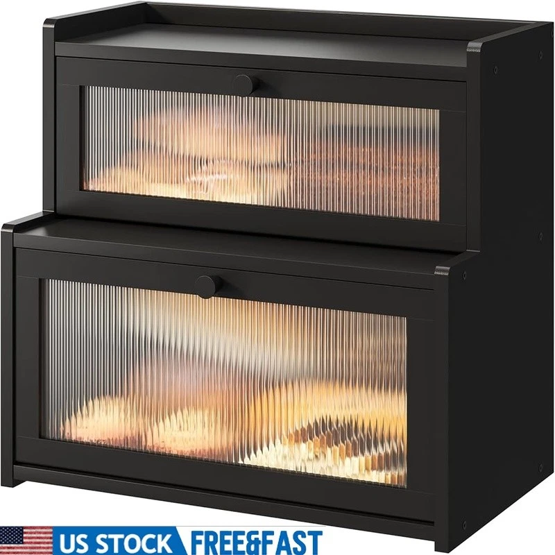 Frosted Glass Bamboo Bread Box Large Capacity Easy Clean Stylish Storage New