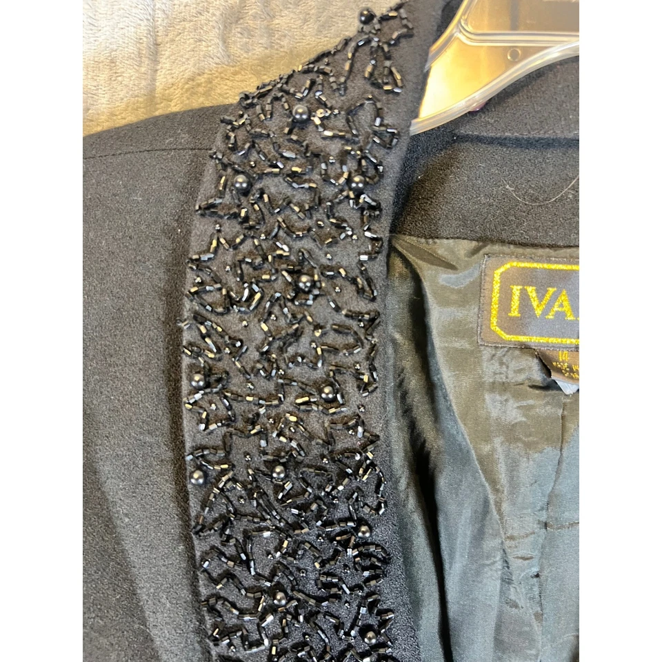 Conjunto de Traje Ivana Negro Lana Con Cuentas Blazer Pantalones Formal Esmoquin Look Talla 14 De Colección Foto 3 de 4
