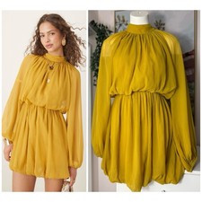 ASOS Mustard Yellow Mini Dress Blouson Long Sleeve Bubble Skirt Size 6 Medium