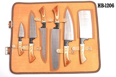 6PCS FORGED Damascus Steel Kitchen Knives Chef Set with Leather  Pouch HB-1206