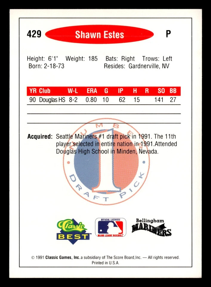 Shawn Estes 1991 Classic Best #429 Bellingham Mariners Minors Rookie *207 - Image 2 of 2