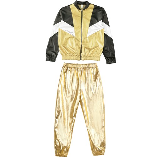 Kids Girls Suit Color Block Set Metallic Outfit Stand Collar Tracksuit Trousers - Picture 26 of 58