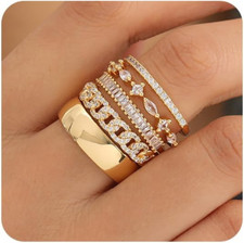 14K Gold Plated Stacking CZ Chunky Band Rings Set Jewelry Gits for Women Wife