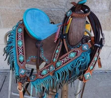 10" 12" Western Barrel Show Saddle Teal Seat & Full Horse HSBP w/Fringe ombre 4p