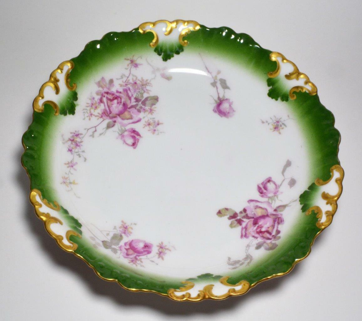 Ant T&V LIMOGES France Green Gold Pink ROSES 10 1/4