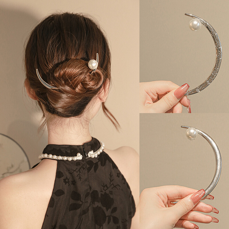 SYKIA Moon Plate Hair Fork （GOLD） Vintage Crescent Moon Hair Forks Gold Silver Pearl Hair