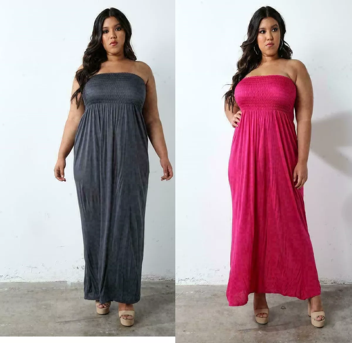 Plus Size Womens Strapless Maxi Dress Ladies Sheering Boob tube Bandeau Long