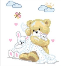 SCHEMA PUNTO CROCE NASCITA ORSETTO CUORE TEDDY BEARS RABBIT CAT CROSS STITCH DMC
