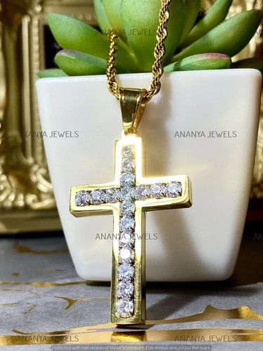 Cross Jesus Pendant Necklaces 1.25 Ct Lab Created Diamond 14K Yellow Gold Plated - 第 5/5 張圖片