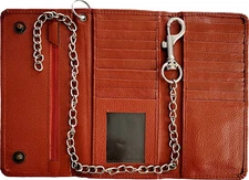 Genuine TAN Cowhide Leather Trifold + Chain Motorcycle Biker Trucker Wallet RFID