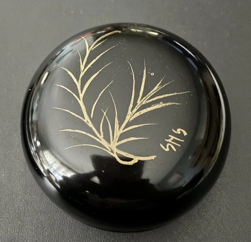 Vintage Black Tin Trinket Jar Painted Gold Tree Branch Signed S M S