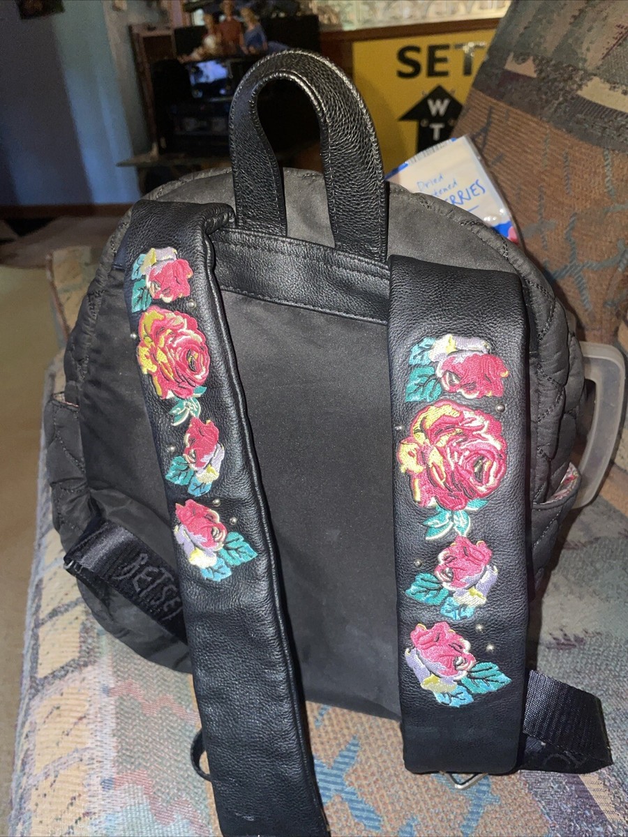 Betsey Johnson Rose Print Backpack with Heart Accents Betsey Johnson Quilted Hearts Light Blue And Roses Print  main image 2