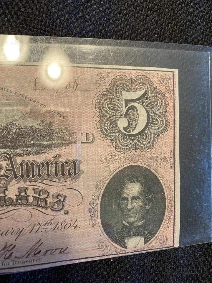 1864 Confederate States of America $5 Five Dollars - Civil War Note - Image 3 of 4