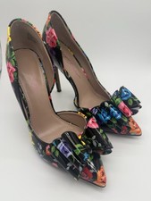 Betsey Johnson Vibrant Floral Rose Bow Multicolor 4" High Heels Shoes Size 7 M