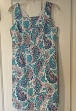 Talbots Women's Sleeveless Blue Link Paisley Print Shift Dress 8P White Pink