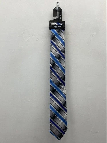 George Men's Tie Blue Gray Black Diagonal Stripe 100% Silk Regular NWT