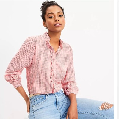 NEW Ann Taylor Loft Plaid Ruffle Long Sleeve Button Up Shirt Size M