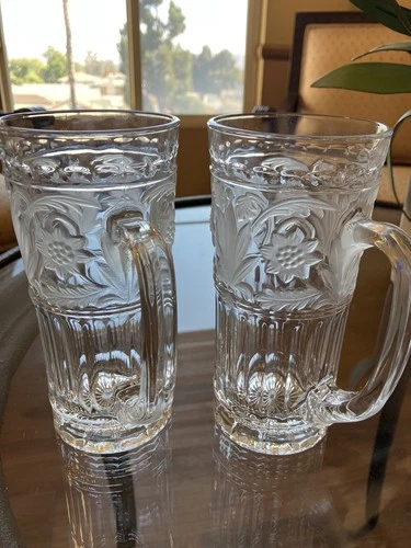2 Mikasa Tall Floral Trellis Glass/Crystal Mugs 12 oz Discontinued