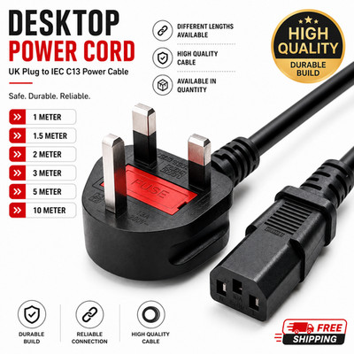 NETZKABEL UK-STECKER AUF IEC-KABEL (STÜCK NETZ WASSERKOCHER KABEL) C13 1 M/2 M/3 M/5 M/10 M POSTEN