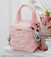 HELLO KITTY 3way Quilted Ribbon Bag with Charm Pink Boat-Shaped Tote Boston Bag