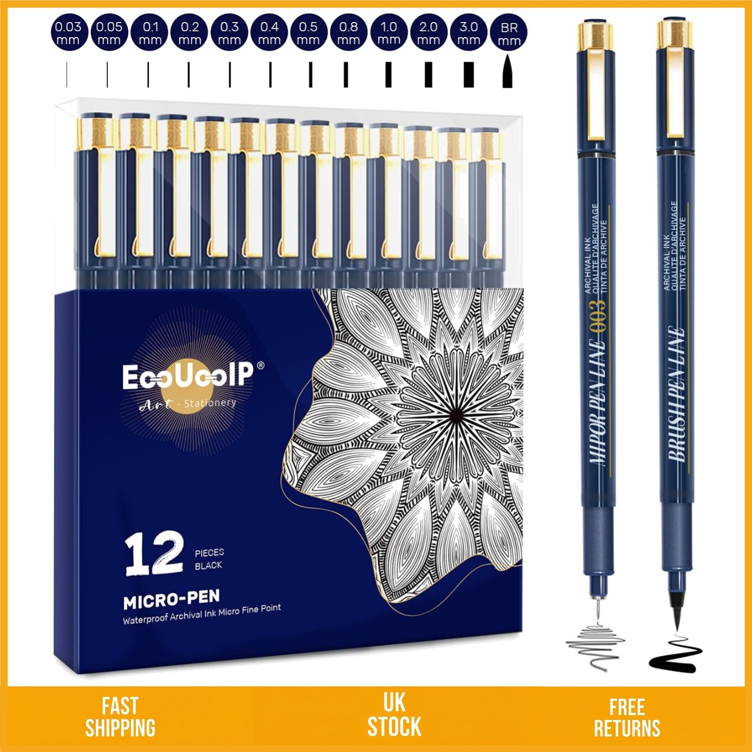 Professional Black Micro Fineliner Pens for Technical Drawing Sketching 12pc