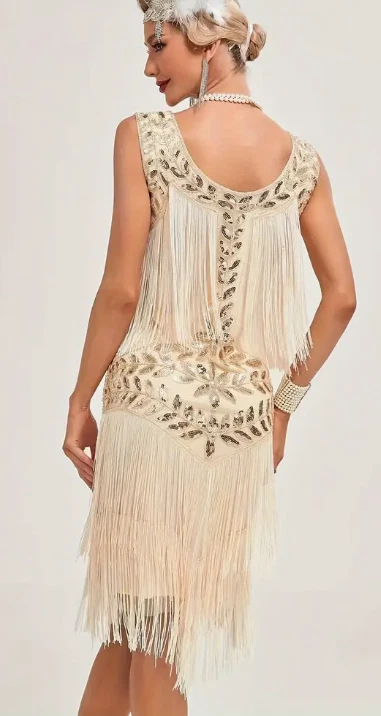 FLAPPER 1920s DRESS-MED Fringed, Sequined, Apricot Tank Dress, Vintage Style - Image 2 of 4