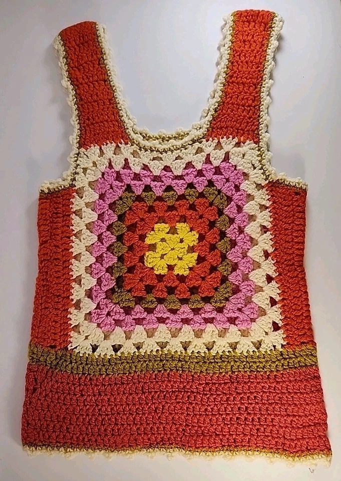 Chaleco Crochet Camiseta sin Mangas Retro Años 70 Hippie Granny Cuadrado Hecho a Mano S/XS Foto 3 de 4
