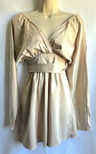 PLT Champagne Satin Tie Waist Skater Dress- Size 4, Long Sleeve, Zip Fastening 