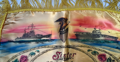 Vintage 1940's U.S. Navy Satin Fringe Souvenir Pillow Case 
