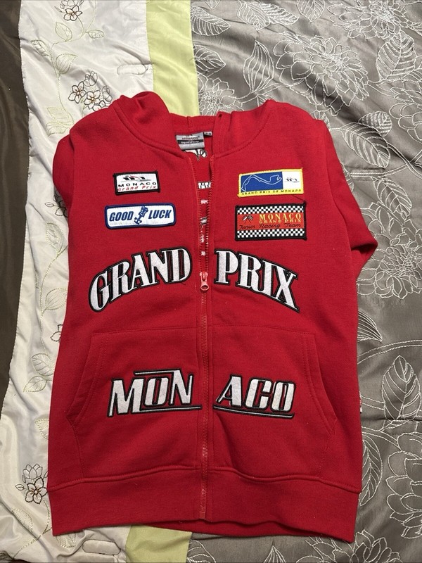 Grand Prix Kids Jacket Zip-Up Hoodie Red Vintage Embroidered Patch Monaco Race