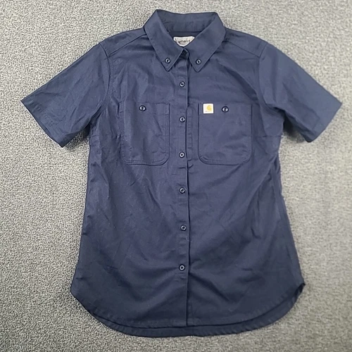 Carhartt Short Sleeve Work Shirt Womens Small Button Up Navy Collar Mechanic