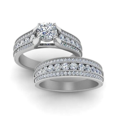 2Ct Round Cut Diamond Simulated Art Deco Bridal Ring Set 14k White Gold Plated