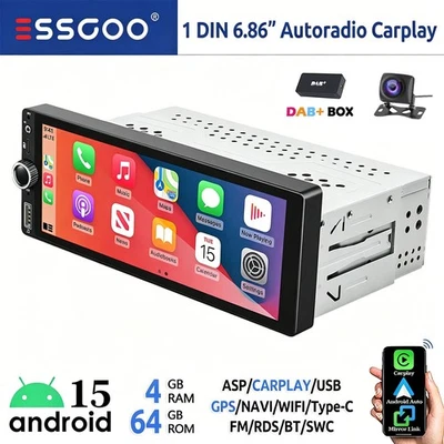 DAB+ Autoradio 1 DIN 4+64G Android 15 Carplay GPS Navi WiFi RDS BT Typ-C USB KAM - Bild 1 von 4
