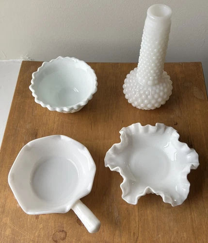 Lot of 4 Vintage Milk Glass, Hobnail, Ruffled, Grapes, Cabbage Leaf