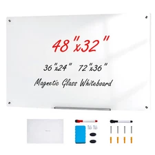 Uimoso Magnetic Glass Whiteboard Dry-Erase Board 48"x32" Wall Mounted with Tray