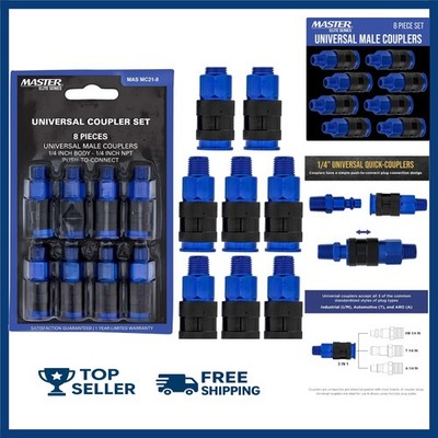 Master Elite Series 8 Piece Universal Air Hose Quick Push Connect Coupler Set wi