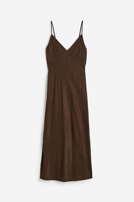 H&M Chocolate Brown Midi Satin Slip Dress Viscose Sz Large Y2K Style Minimalist