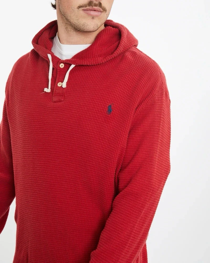 Polo Ralph Lauren VTG 90s Thermal Waffle Knit Hoodie Sweatshirt Red Size Medium