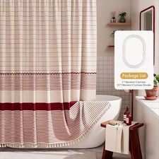 Boho Striped Tassel Shower Curtain Waterproof Bathroom Curtain with 12 Hooks
