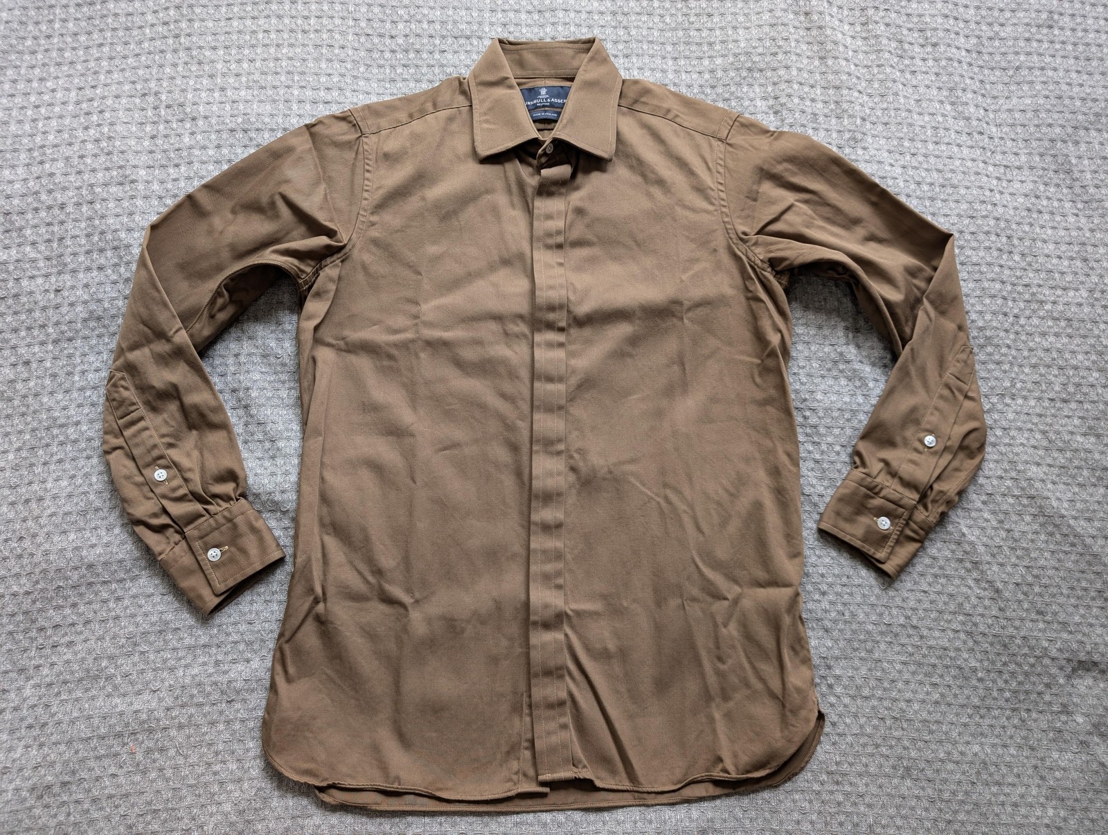 Turnbull Asser Shirt Men Small Brown Cotton Made England Hidden Placket Bespoke