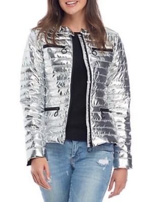 Me Jane Metallic Silver Zip Front Puffer Jacket Small